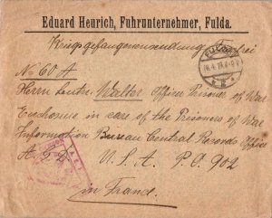 United States A.E.F. World War I P.O.W. Free Mail 1919 Fulda [Germany] to U.S...