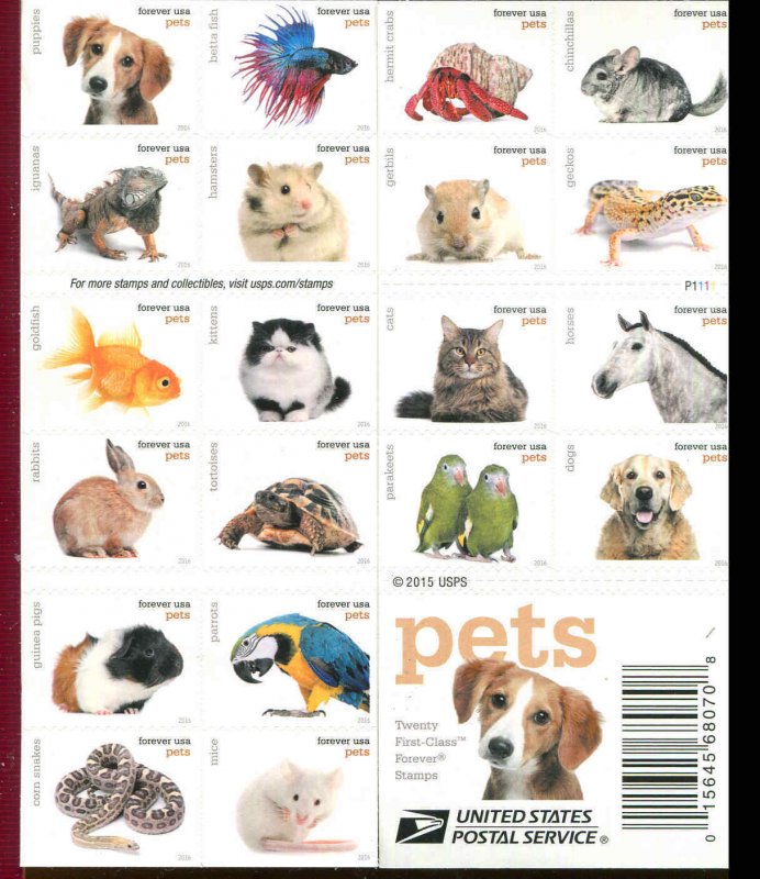 US 5116-5125 5125a Pets Forever Booklet Of 20 2016 Cat Dog Gerbil Parrot Mice