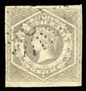 New South Wales #29a Cat$110, 1854 6p greenish gray, used, margins all around...