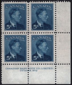 Canada SC#288 5¢ King George VI (Wilding) Plate Block: LR #2 (1949) MLH