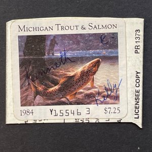 1984 Michigan $7.25 Trout & Salmon Fishing Stamp Used on Piece