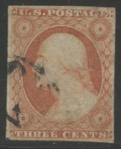 US Sc#11 1855 3c Washington Dull Red Type I F-VF Used Small Tear