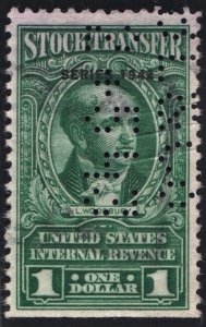 RD127 $1.00 Stock Transfer Stamp (1942) Perfin/Cut Cancelled