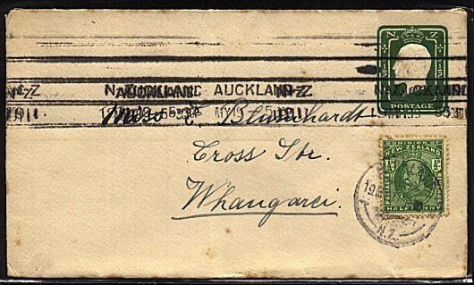 NEW ZEALAND 1911 EVII 1d envelope uprated with ½d used ex Auckland.........19445