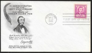 UNITED STATES FDC 3¢ Edgar Allen Poe 1949 Fulton