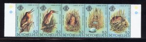 Seychelles 483 MLH, Chinese Bittern strip of 5 from 1982.