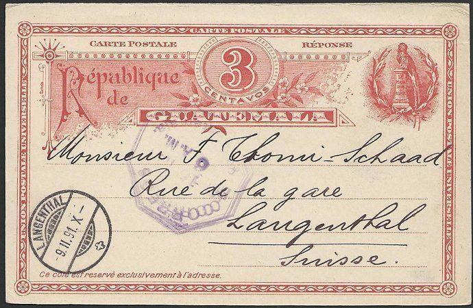 GUATEMALA 1891 3c postcard used to Switzerland............................48942