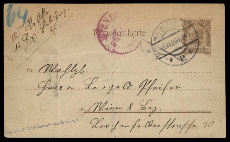 Austria 1906 Empire 20H MiRP22 Rohrpost Pneumatic Mail Cover 90201