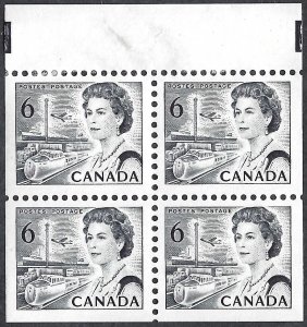 Canada #460d 6¢ Queen Elizabeth II/Transportation (1970). Pane of 4. MNH