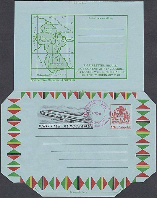 GUYANA 15c Arms Map Plane aerogramme unused POST PAID LOCAL h/stamp.........J966