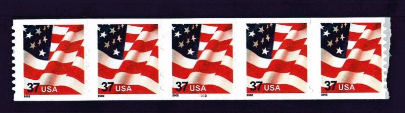 US Scott # 3632 American Flag 2002 Coil Plate Number of 5