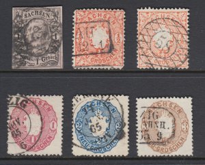 Saxony Sc 10, 16 + shade, 17, 18, 19 used. 1855-63 issues, 6 different, sound