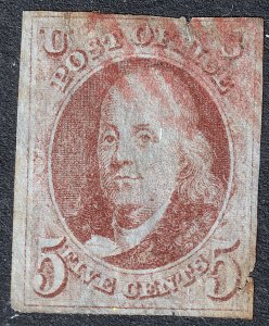 #1 Used, F-VF, 4 margins, red grid cancel, couple tiny tears (CV $350 - ID367...