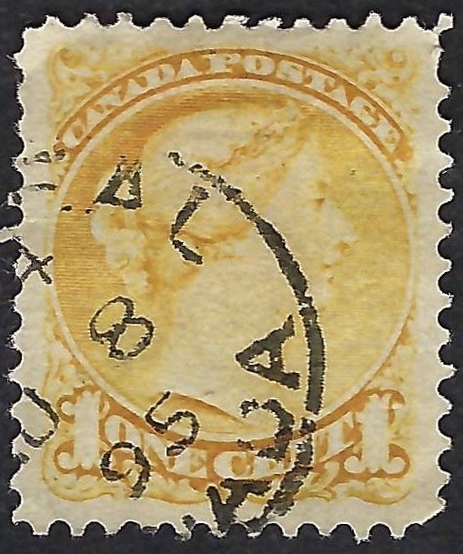 Canada #35 1¢ Queen Victoria (1870). Yellow. Fine centering. Used.