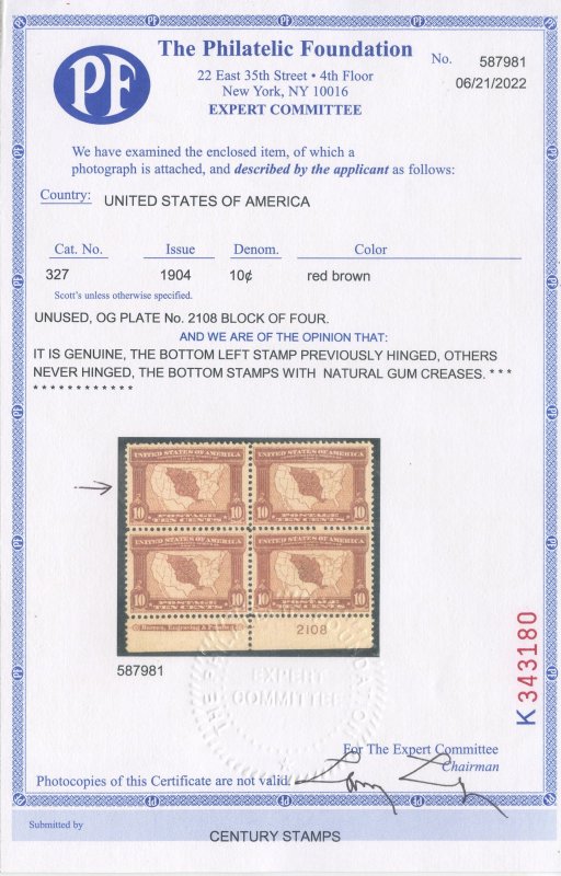 US Scott #327 Mint, VF, NH, PFC