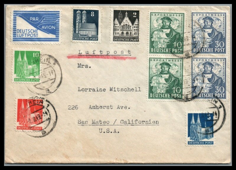 Germany Scott 662,663 Mi.103,104 1949 Herman Hildebrandt Wedigh Airmail cover 