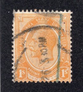 South Africa 1913 1sh orange George V, Scott 11 used, value = 75c