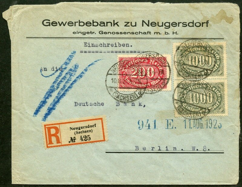 GERMANY INFLATION PERIOD REGISTERED  COVER NEUGERSDORF 10.8.23  TO BERLIN