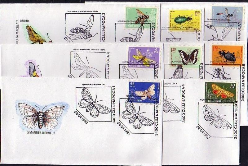 Romania. 01-08/APR/93 Butterfly & Insect cancels on cachet envelopes.