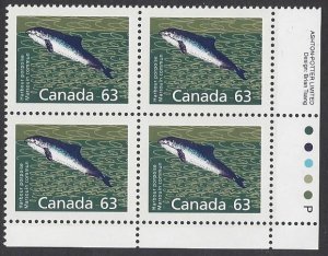 Canada #1176a  MNH set of 4 plate blocks, harbour porpoise, issued 1990