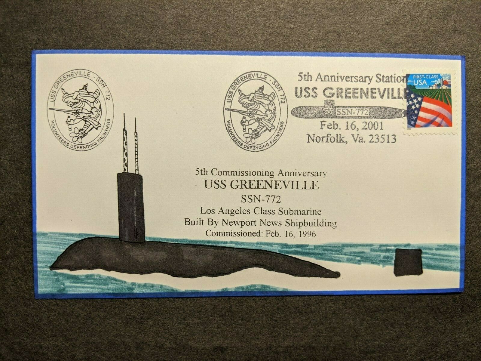 Submarine USS GREENEVILLE SSN772 Naval Cover 2001 EVERETT HANDDRAWN