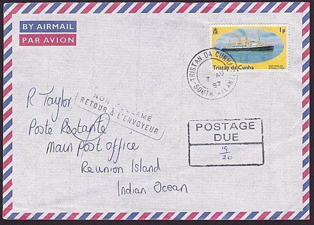 TRISTAN DA CUNHA 1997 Returned postage due cover to REUNION ISLAND..........6213