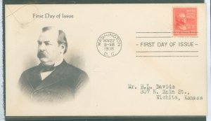 US 827 22c Grover Cleveland (single) part of the 1938 Presidential Series (prexy) on addressed (typed) FDC with a MH cachet add