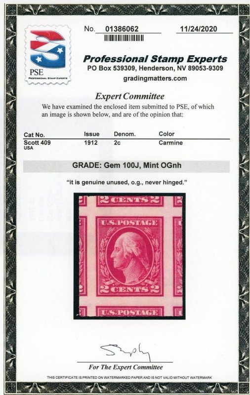 US Stamp #409 Washington 2c, PSE Cert - GEM 100J - Mint OGNH