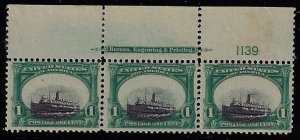 Scott #294 var - $500.00 – Fine-unused, NG – Plate # strip of 3. “SINKING BOAT”