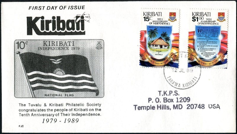 Kiribati 515-516, FDC. Michel 521-522. Independence, 10th Ann. 1989.