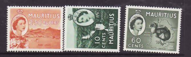 Mauritius-Sc#273-5- id11-unused og NH set-Birds-Maps-1963-4-