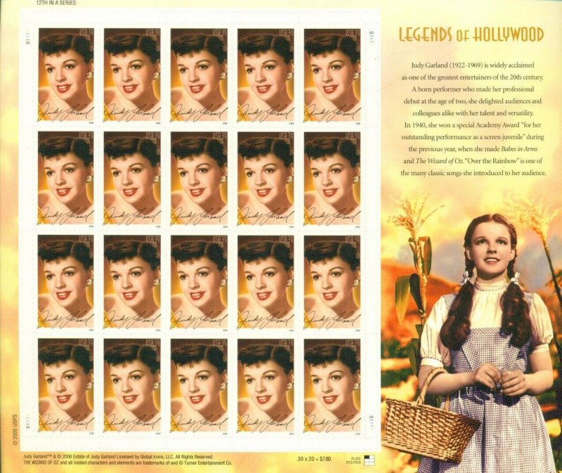 US: 2006 JUDY GARLAND - LEGENDS OF HOLLYWOOD; Sheet Sc 4077; 39 Cents Values