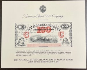 ABNC 1994 Souvenir Card SO128 $100 Union Bank Tennessee - Mule Vignette