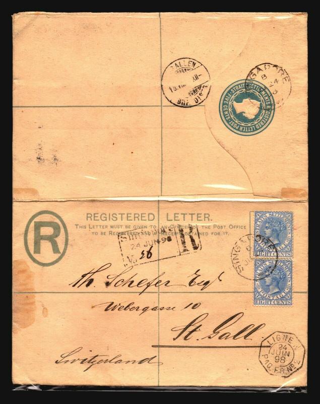 Straits Settlements 1898 Uprated Reg to Switz. LINGE Paq. (See Notes) - Z14693