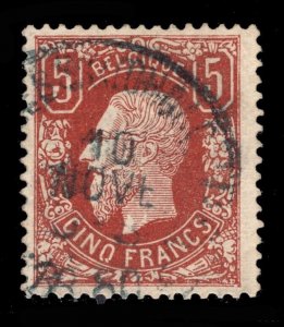 MOMEN: BELGIUM OBP #37 SC #39 1869 5fr. USED MICHAUX CERT $1,900 LOT #67602