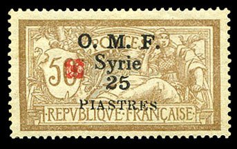 Syria #79 (YT 54B) Cat€300, 1920 25p on 50c, Red Overprint, hinged, signed Brun