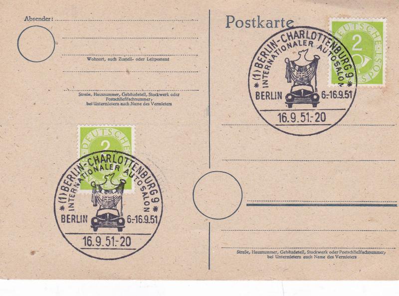 West Berlin 1951 Charlottenburg Auto Salon Postcard FDC unused VGC