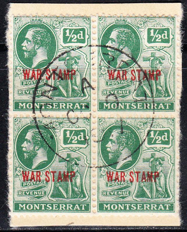 MONTSERRAT SG 61 Used block on piece  - Oct 1917 - Deep Green - War stamp