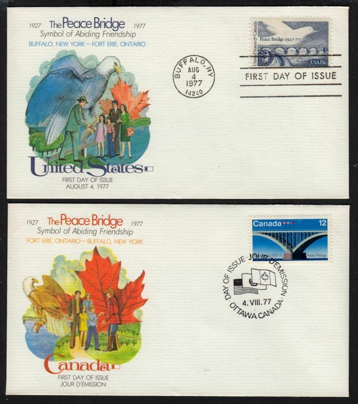 1977 Peace Bridge Sc 1721 with Canada issue Fleetwood set of 2