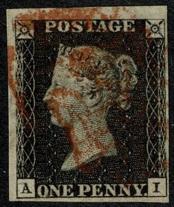 GB 1d Black AI Plate 7. Red Maltese cross cancellation.