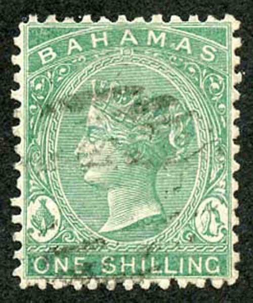 Bahamas SG38 1/- blue-green perf 12.5 wmk Crown CC Very Fine used