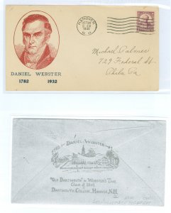 US 725 1932 3c Daniel Webster on an addressed first day cover with a Hanover, NH machine cancel and a Washington stamp exchange