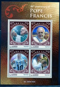 SIERRA LEONE  2016 80th BIRTH OF POPE FRANCIS  SHEET MINT NH