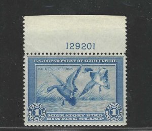 US 1934 FIRST FEDERAL DUCK STAMP W. TOP MARGIN PLATE # SCOTT # RW1 NEVER HINGED