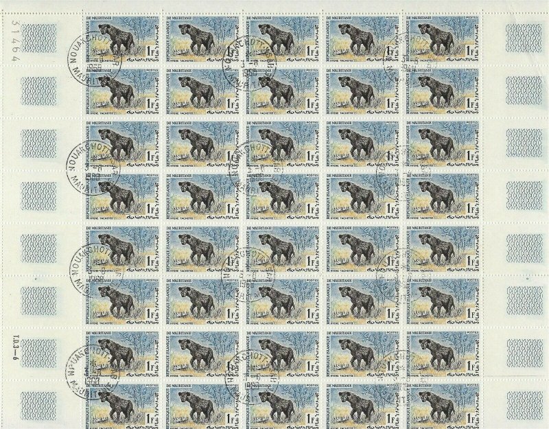 Mauritania Scott 135 - 1 franc SPOTTED HYENA partial sheet of 40, VF-CTO