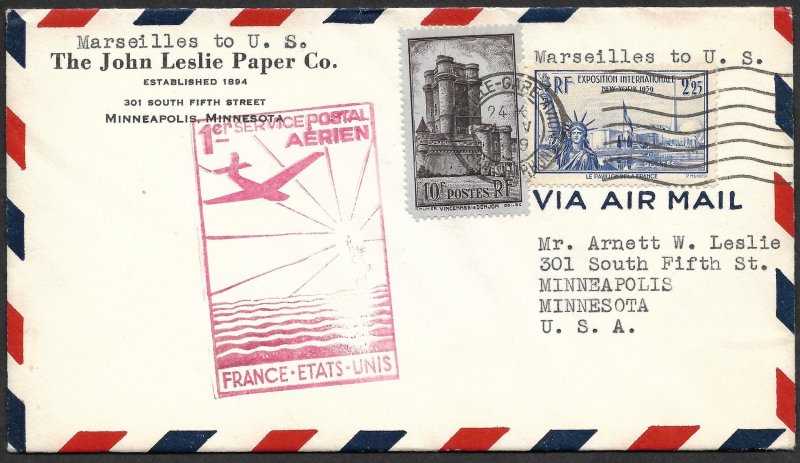 Doyle's_Stamps: Nice 1939 Airmail First Flight Cover France to USA