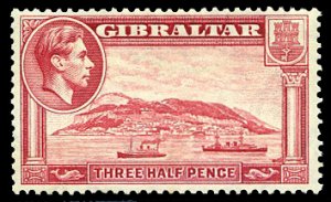 Gibraltar #109b (SG 123a) Cat£275, 1938 George VI, 1 1/2p carmine rose, perf...