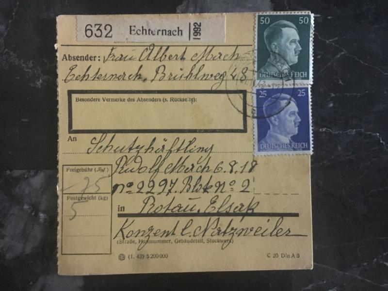 1943 Echternach Germany to France Natzweiler Concentration Parcel Receipt Cover