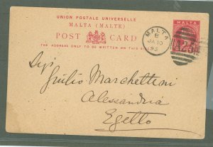 Malta  1893 1c carmine postal card used to Egypt long message