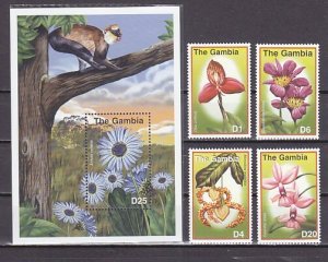 Gambia, Scott cat. 2457-2460, 2463. Flowers set & s/sheet.